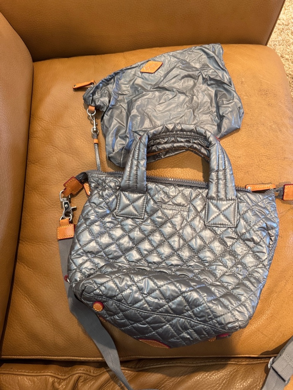 MZ Wallace Quilted Metallic Blue Crossbody Bag with Tan Accents